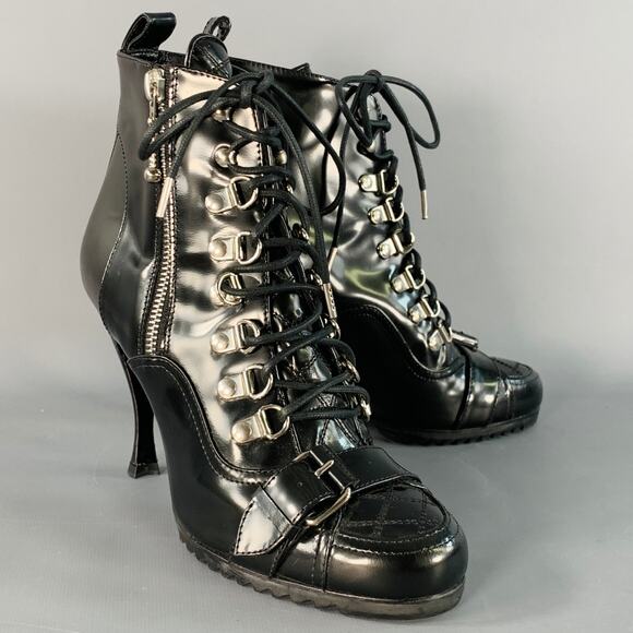 BALENCIAGA Size 7 Black Patent Leather Lace-Up Zipper Stiletto Boots - Picture 1 of 8